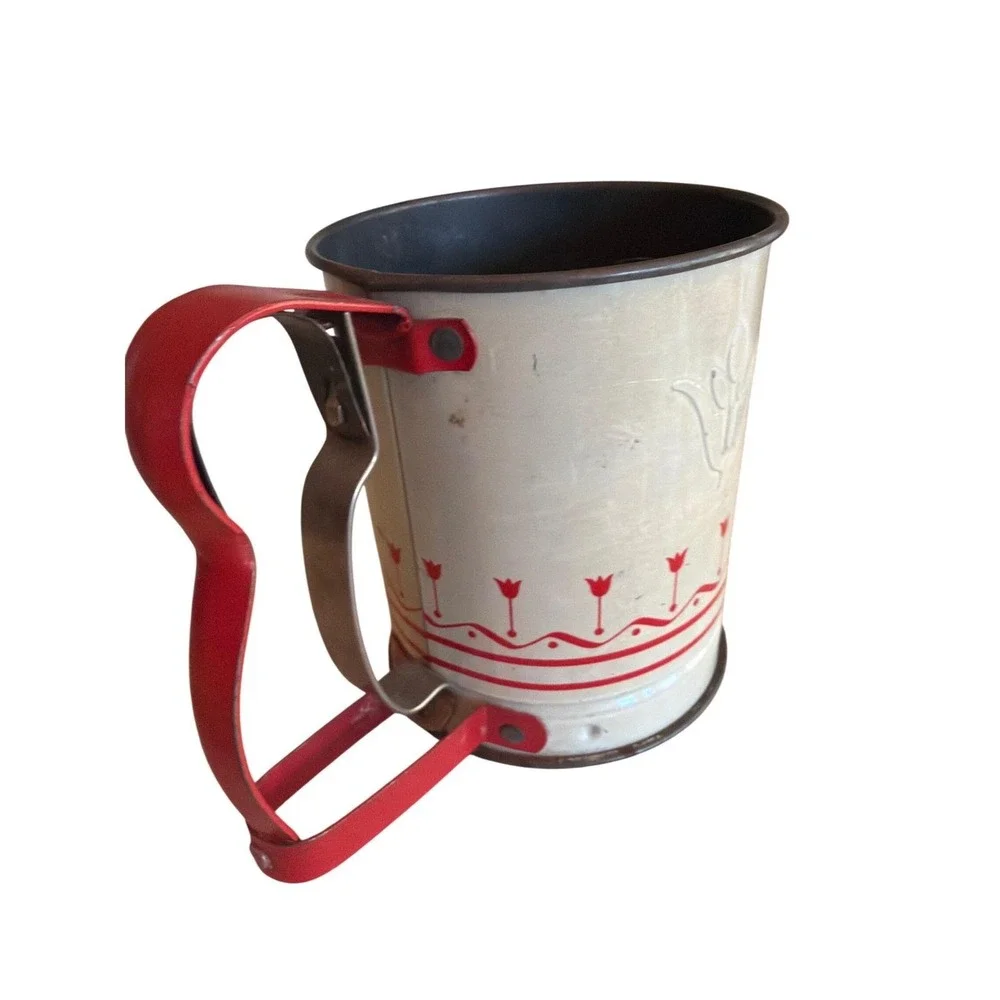 Androck Flour Sifter Cream Red Hand-i-Sift Jr Vintage Tulip Pattern Made in USA